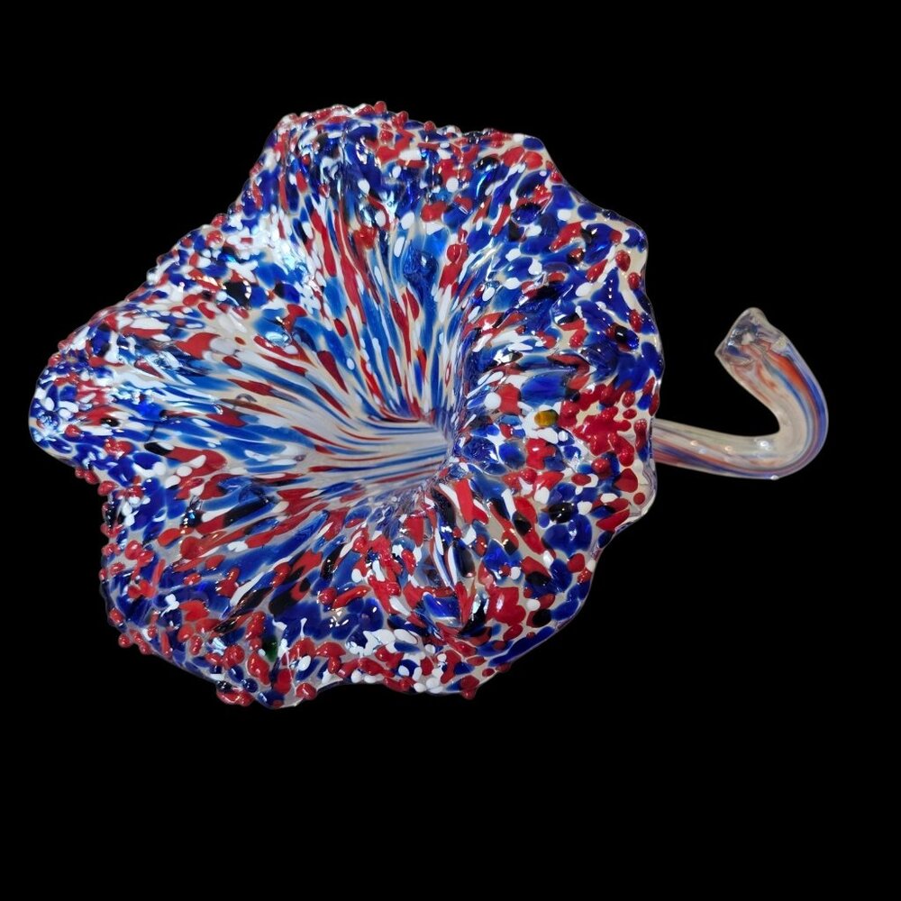 Murano Style Flower Art Blown Glass Millefiori Red White Blue Speckle Patriotic